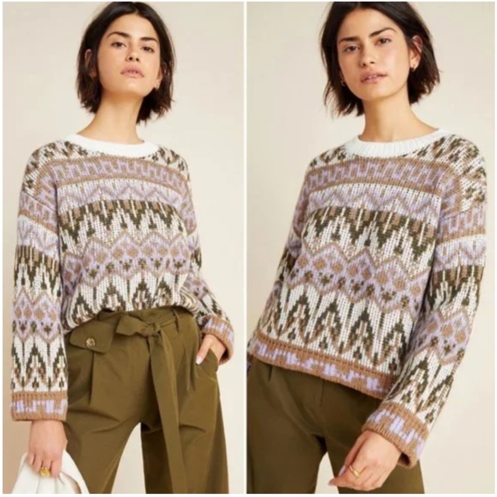 Anthropologie Fabiana Alpaca Wool Blend Fair Isle Cropped Sweater Size XS NWOT